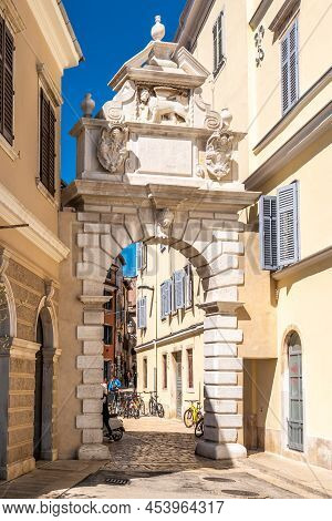 Rovinj,croatia - April 25,2022 - View At The Balbi Arch In The Streets Of Rovinj. Rovinj. Rovinj Is 