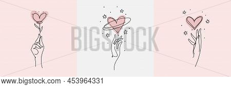 Set Of Female Icons For Beauty Salon, Self Love Concept. Continius Line Art Hand And Heart, Aestheti