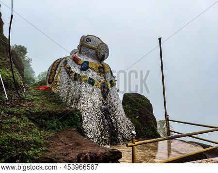 Stock Photo Of Big Ancient White Color Painted Bull Statue Or Nandi At Sateri Mahadev Mandir, Nandi 