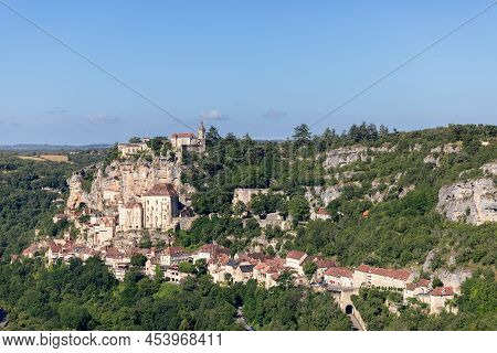 Super Panoramic View Of Right Steep Rocky Bank Of River Alzou And Ancient Settlements Of Rocamadour.