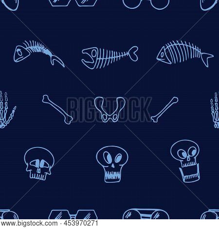 Seamless Horizontal Pattern Of Skull, Hand Leg And Fish Bones On Dark Blue Background. Vector Happy 