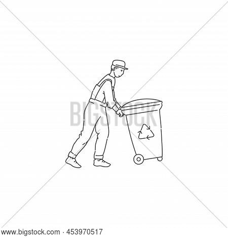 Dustman Worker With Container For Recycling Waste. Cleaning Environment From Trash. Vector Black Whi
