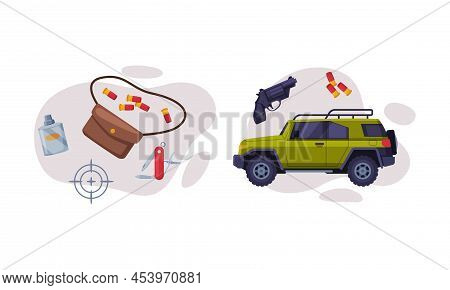 Ammunition And Off Road Car For Hunting Activity Vector Composition Set