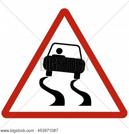 Red Triagle Slippery Road Sign. Car Out Of Control Symbol. Traffic Sign - Warning. Flat Style.