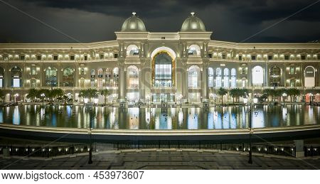 Lusail City, Qatar- April 30 2022: Place Vendome Mall  Interior View At Night Showing The Architectu