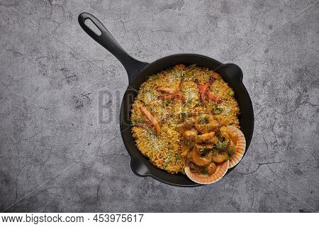 Peruvian Food: Rice With Seafood. Arroz Con Mariscos, Food Served In Pan, Selective Focus.