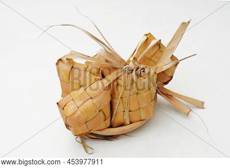 Ketupat Rice Dumpling Special Dish Served At Eid Mubarak. Ketupat Isolated On White Background. Ketu
