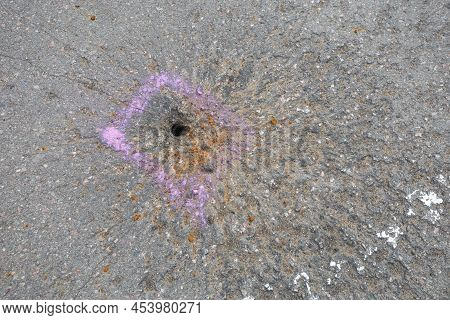 Russias War With Ukraine. Traces Of An Unexploded Projectile. Dereferencing. High Quality Photo