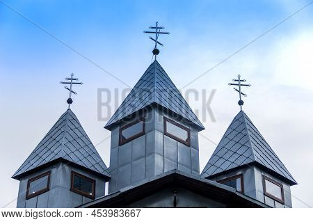 Three Crosses On The Top Of Ukrainian Autocephalous Orthodox Church Of St.nicholas In Skhidnytsa, Lv