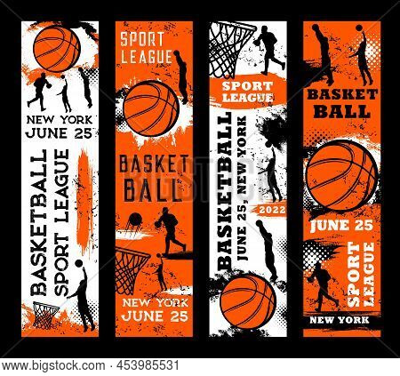 Basketball Sport Grunge Banners With Players And Ball, Vector Halftone Orange Backgrounds. Basketbal