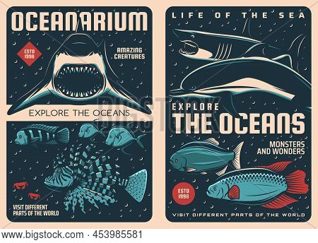 Sea Animals Retro Posters, Oceanarium Fishes And Ocean Undersea World, Vector. Sea Life And Underwat