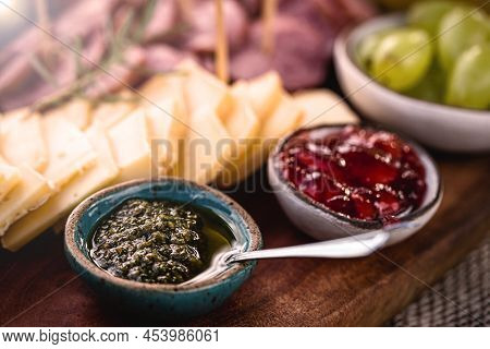 Pesto Sauce, An Italian Sauce, Made From Ground Basil Leaves With Pinus Pinea Pine Nuts, Garlic And 