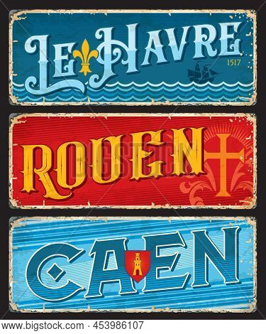 Le Haver, Rouen, Caen French City Travel Stickers And Plates. European City Travel Vector Plates, Fr