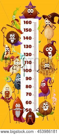 Cartoon Nuts And Beans Wizards, Mage Characters Kids Height Chart Meter. Vector Measure Meter Scale 