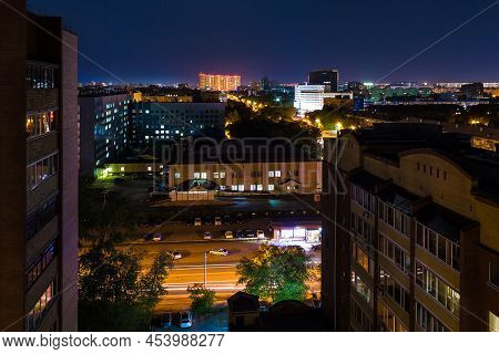 Beautiful Aerial View Of Illuminated Apartment Buildings And The Regional Clinic Hospital 