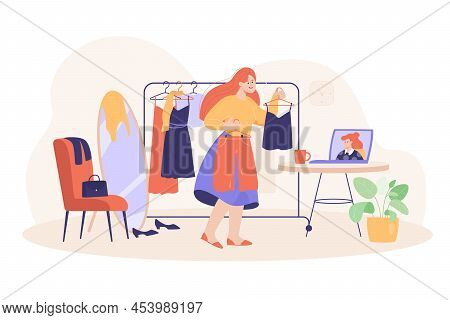 Woman Consulting With Personal Stylist Online. Stylist Helping Client To Choose Clothes. Consultant 