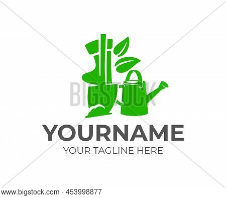 Gardener Digs With A Shovel, Near A Watering Can And Leaves, Logo Design. Landscape Design, Gardenin
