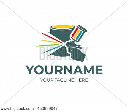 Hand Holds Spray Gun For Paint And A Can Of Paint, Logo Design. Car Painting Via Paint Sprayer Or Bo