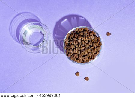 Top View Of White Bowl With Dry Kibble Cat Food And Wateer On Purple, Lilac Background