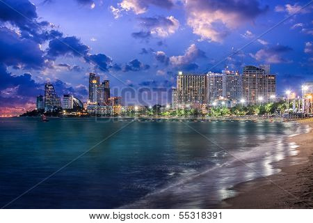 Pattaya City And Sea In Twilight, Thailand