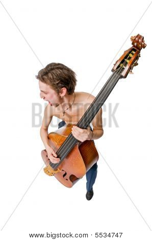 Viol เบสเล่นบนพื้นหลังสีขาว
