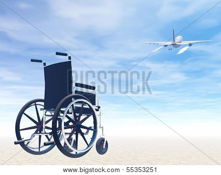 Wheelchair and travel by plane- 3D render