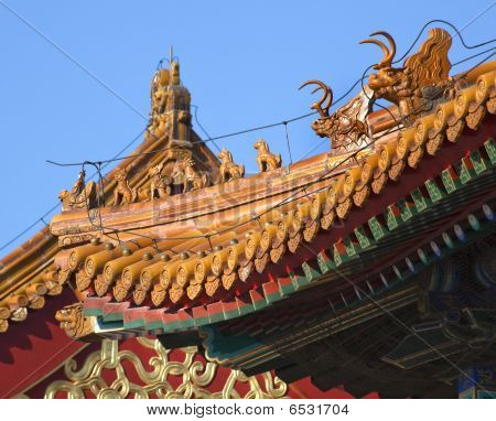 Střechy figurky Gugong Zakázané město palác Beijing Čína