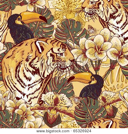 Tropical floral seamless background with Tiger