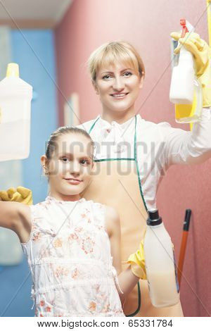 Caucasian Happy Family Doing Cleaning  Together