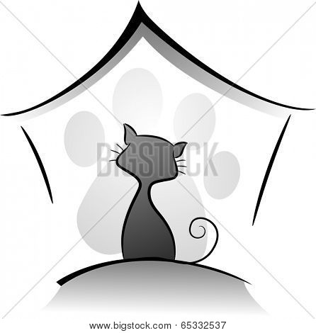 Icon Illustration Featuring a Cat in a Cattery Drawn in Black and White