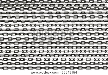 Very highly detailed and photo realistic render of differently twisted chrome chains - over white background - VERY EASY TO ISOLATE