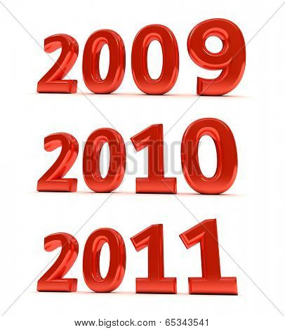 The years 2009, 2010, 2011 as a 3D render over white background