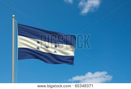 Flag of Flag of Honduras with flag pole waving in the wind on front of blue sky