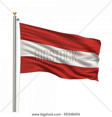 Flag of Austria with flag pole waving in the wind over white background