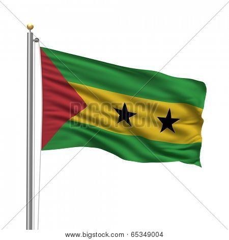 Flag of Sao Tome and Principe with flag pole waving in the wind over white background