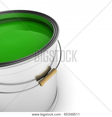 Paint can with green color over white background