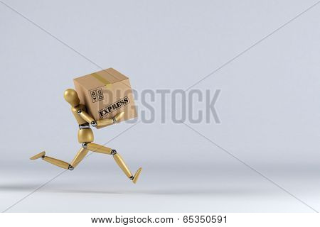 Wooden mannequin rushing an express delivery package to the addressee