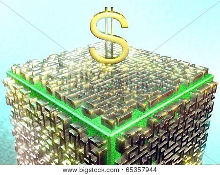 Silver maze with gold dollar sign on a grassy color cube. Fractal art graphics.