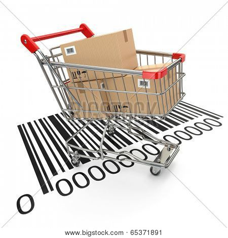 Shopping cart with purchases on bar code. 3d