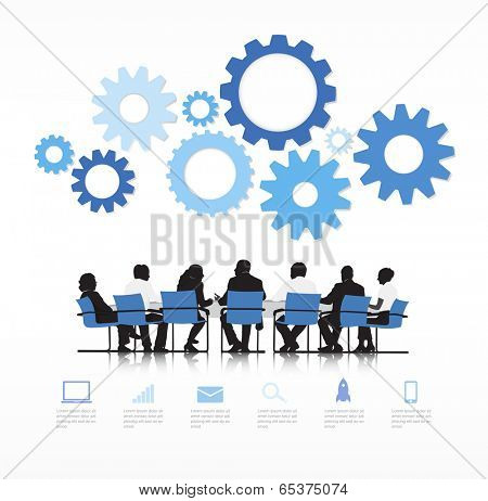 Silhouettes of Business People Meeting and Gear Above