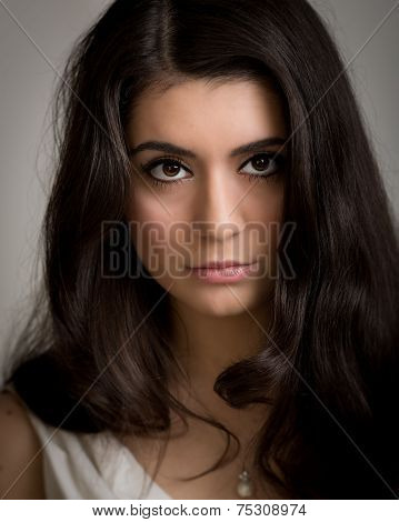 Portrait Of A Beautiful Young Brunette Woman Looking Into The Camera