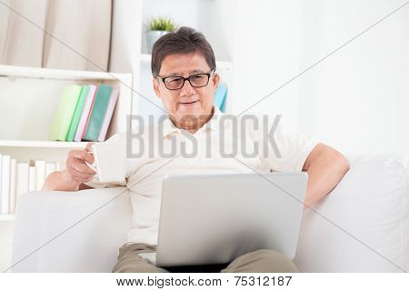 Portrait of mature Asian man using computer laptop, enjoying cup of coffee in morning, sitting on sofa at home, senior retiree indoors living lifestyle. 