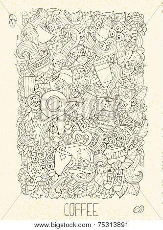 Hand-Drawn Coffee  Doodle Vector Illustration. Design Template.