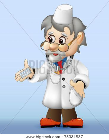 Grizzled Veteran Doctor Holding A Pill
