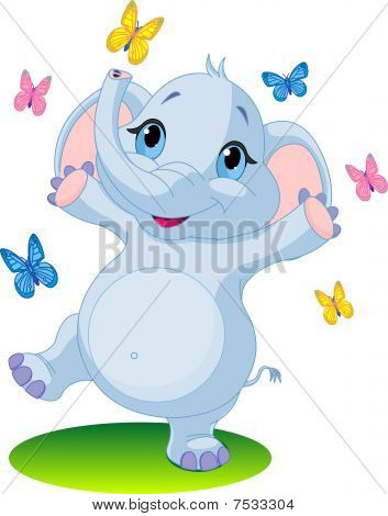 Baby elefantti tanssii perhosia
