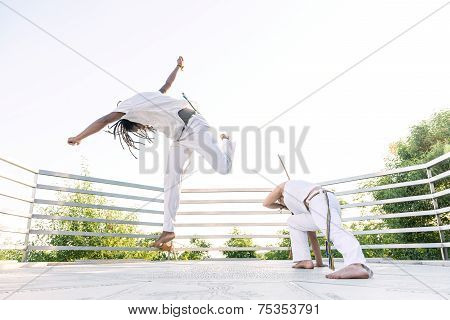 Capoeira a woman and a man struggling in the outdoors
