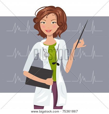 Beautiful Woman Cardiologist. Vector Illustration