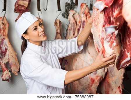 Happy mid adult female butcher testing quality of meat hanging in butchery