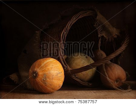 Still-life with a vegetable marrow and a pumpkin
