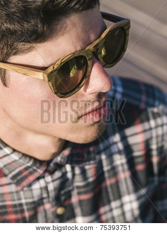 Model Man Portrait With Wooden Sunglasses